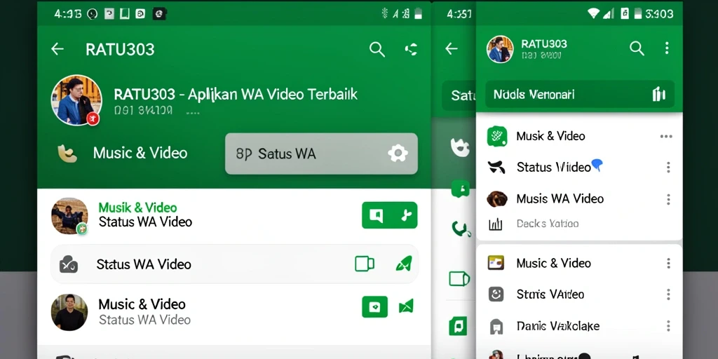 Tampilan antarmuka pengguna aplikasi RATU303 untuk status WA video.